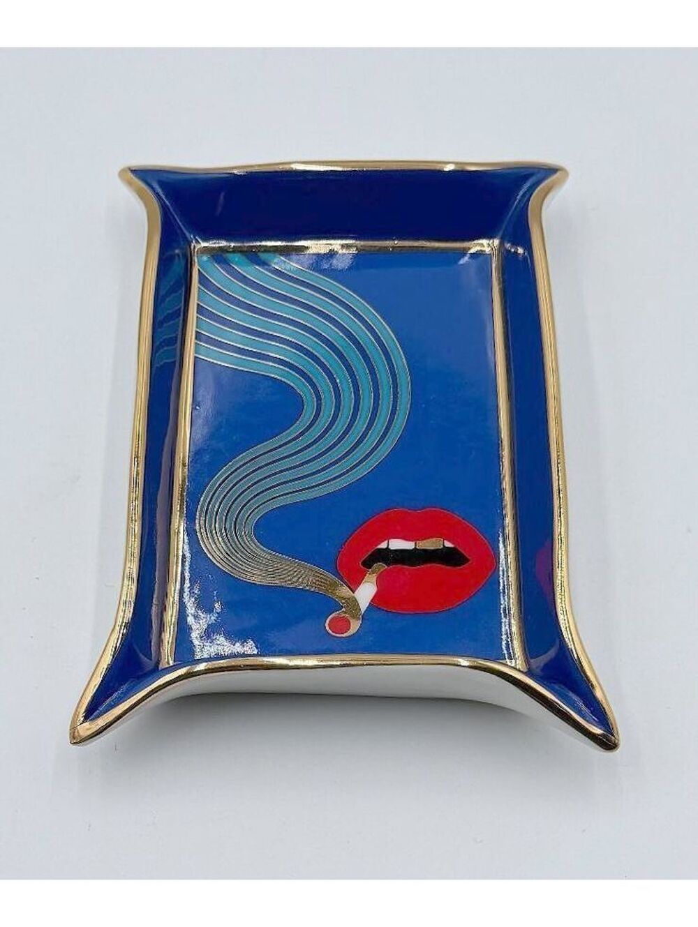 Jonathan Adler Blue Porcelain Valet Tray Smoking Lips Catchall 7x5